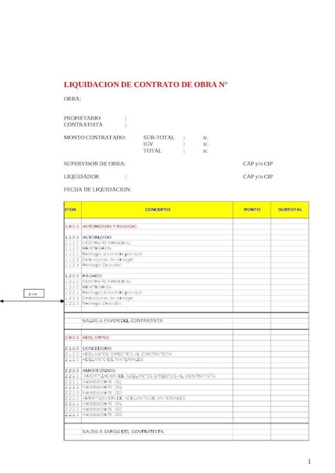 Formato De Liquidacion De Contrato De Obra Download Doc