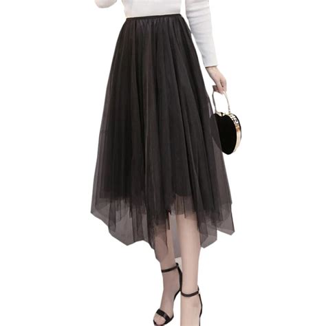 Elegant Mesh Skirts New Spring Summer Elastic High Waist Irregular Skirts Women Loose Pleated