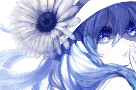 Blue Flowers Hat Hatsune Miku Long Hair Monochrome Sunflower Tomtog