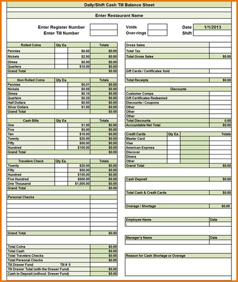 Cash Balance Sheet Template