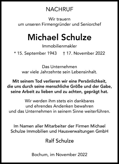 Traueranzeigen Von Michael Schulze Trauer In Nrw De