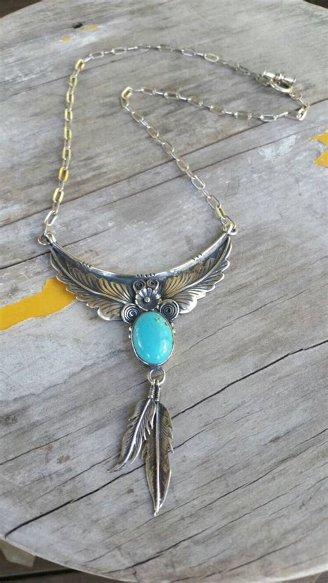 Large Turquoise Necklace Feather Sterling Silver Navajo Etsy Australia