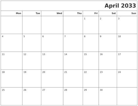 April 2033 Calendars To Print