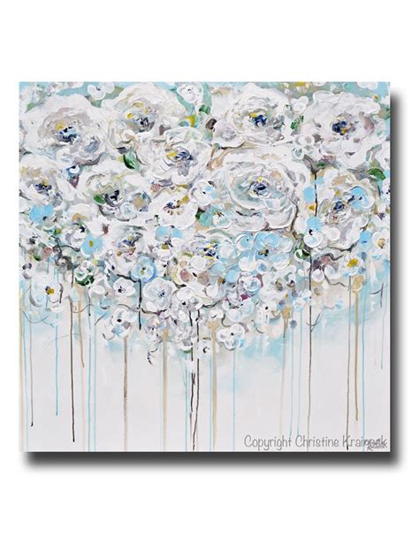 Original Art Abstract Painting Floral Light Blue White