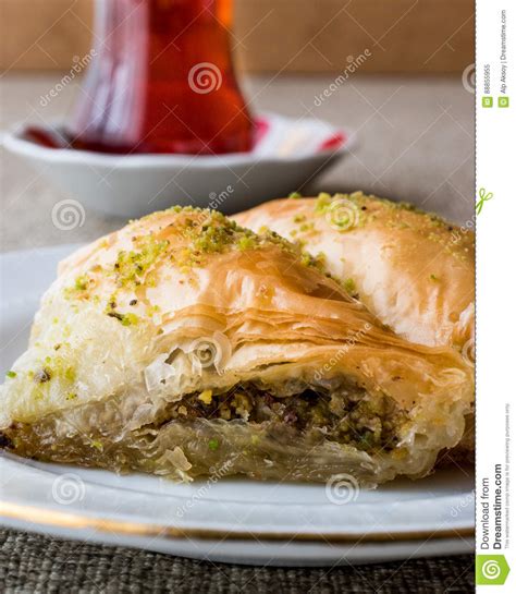 Turkish Baklava Sobiyet With Pistachio And Tea Stock Image Image Of