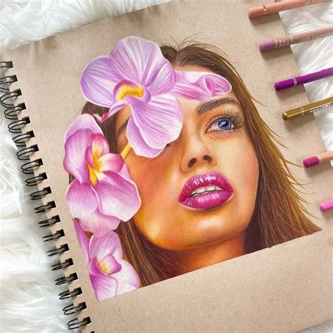 Portrait Drawing With Colored Pencils Portraitdrawing Flowers