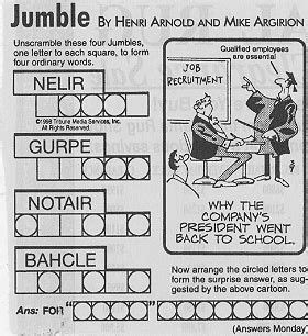 Your mission is to unscramble them to make suitable words. Image result for Today's Newspaper Jumble | Jumbled words ...