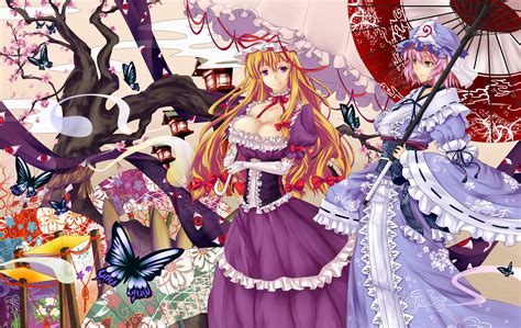 2girls Blonde Hair Bow Breasts Butterfly Cherry Blossoms Cleavage Dress Flowers Hat Long Hair