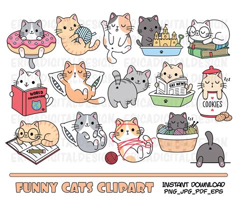 Funny Cats Clipart Cute Cat Clip Art Kawaii Kitten Kitty Icons Etsy