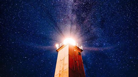 Download Wallpaper 1920x1080 Lighthouse Starry Sky Light Night Full