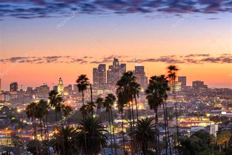Beautiful Sunset Los Angeles Downtown Skyline Palm Trees Foreground