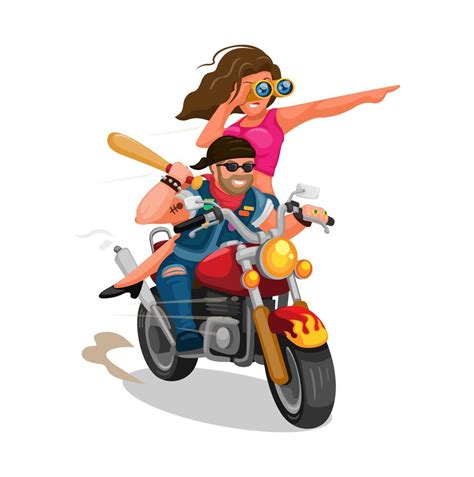 Biker Gangster Holding Baseball Bat Riding Motorcycle With Girl Cartoon
