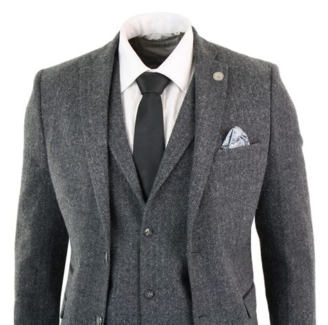 Mens Charcoal Grey 3 Piece Tweed Herringbone Suit Stz11 Buy Online