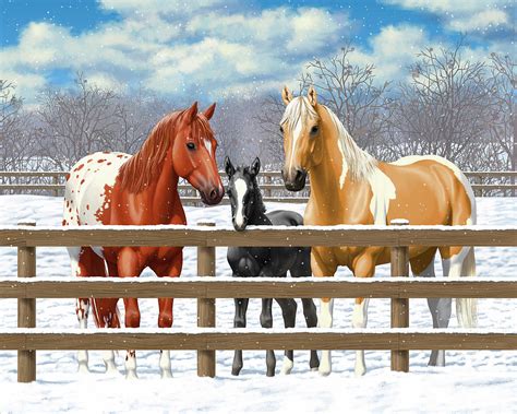 Chestnut Appaloosa Palomino Pinto Black Foal Horses In Snow Painting By