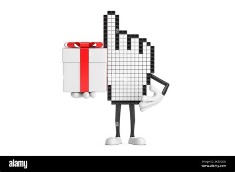 pixel mano cursor mascot personaje de la persona y caja de regalo con cinta roja sobre un fondo