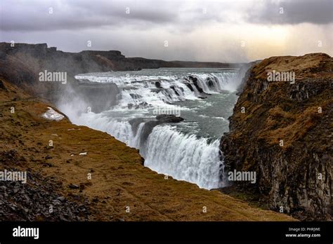 The Hvítá River At Gullfoss Waterfall Flowing Into A Canyon Stock Photo