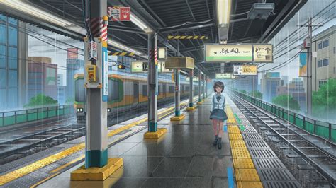 Download Rain Train Short Hair Anime Train Station Hd Wallpaper By 行之lv
