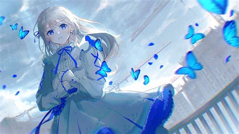 Download 2048x1152 Beautiful Anime Girl Blue Butterflies