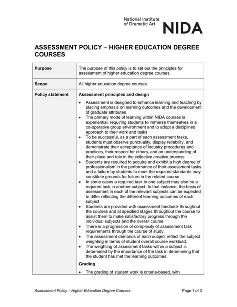 Assessment Policy Higher Education Degree Courses