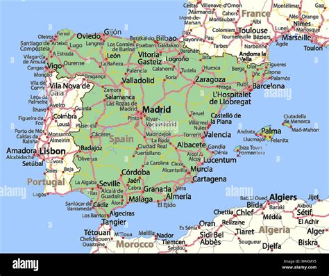 Mapa De España Muestra Las Fronteras De Los Países Las Zonas Urbanas