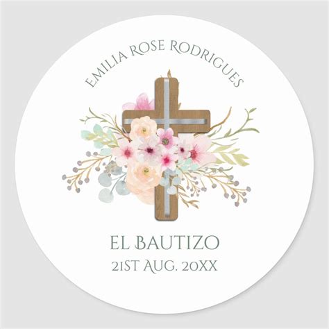 Pink Floral Cross Girls Bautizo Bautismo Baptism Classic Round Sticker