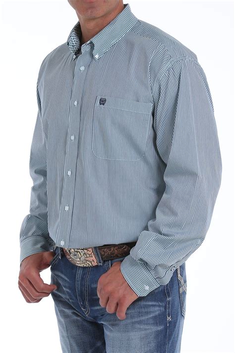 Cinch Jeans Mens Tencel Navy And Turquoise Stripe Button Down Western Shirt