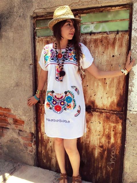 Beautiful Mexican Dress In White With Handmade Floral Embroidery Dress