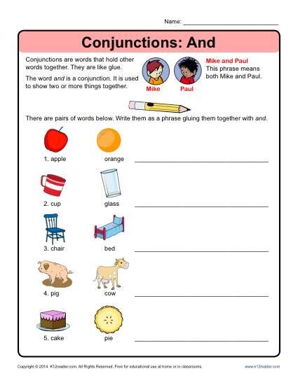 A conjunction is a word which joins together sentences, and sometimes words. Conjunctions: And | Conjunction Worksheets