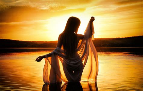 Wallpaper Girl Sunset Pose Lake Mood Figure Silhouette Shawl