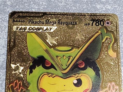 Rare Pikachu Mega Rayquaza Tag Cosplay Gold Foil Pokemon Card Fan Art