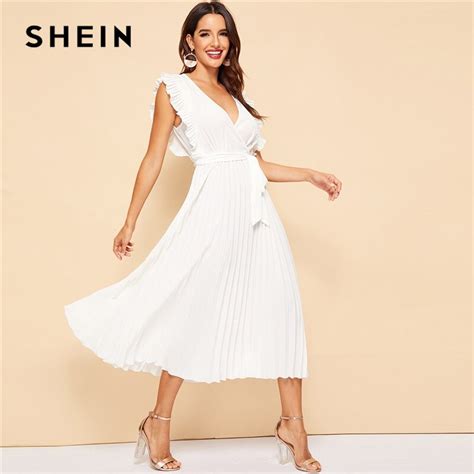 Shein White Pleated Panel Ruffle Armhole Wrap Belted Sleeveless A Line Party Dress Women Summer