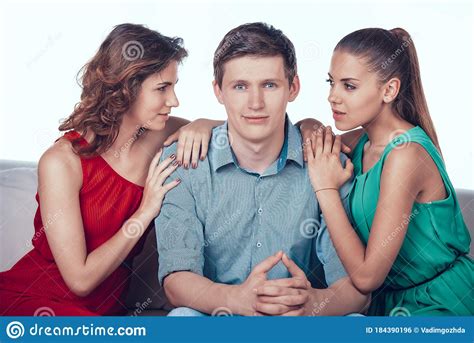 Two Handsome Women Flirting Man Love Triangle Stock Photo Image Of
