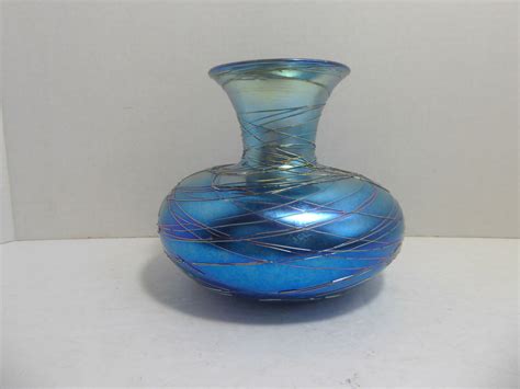 Antique Signed And Numbered Durand Threaded Blue Iridescent Art Glass