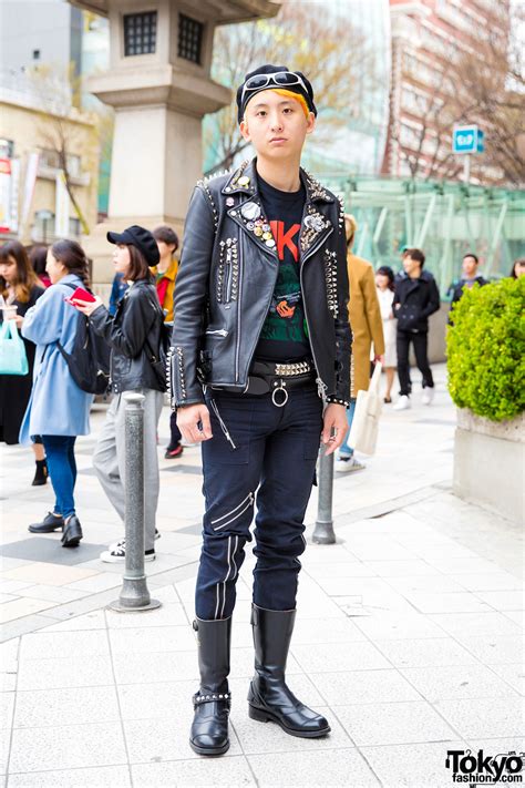 Punk Inspired Harajuku Street Style W Spiked Leather Jacket Black Graphic Tee Onitsuka Tiger