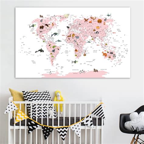 Pink World Map For Kids Atlas Print Continent Rosy World Map Decor
