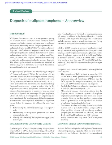 Pdf Diagnosis Of Malignant Lymphoma An Overview