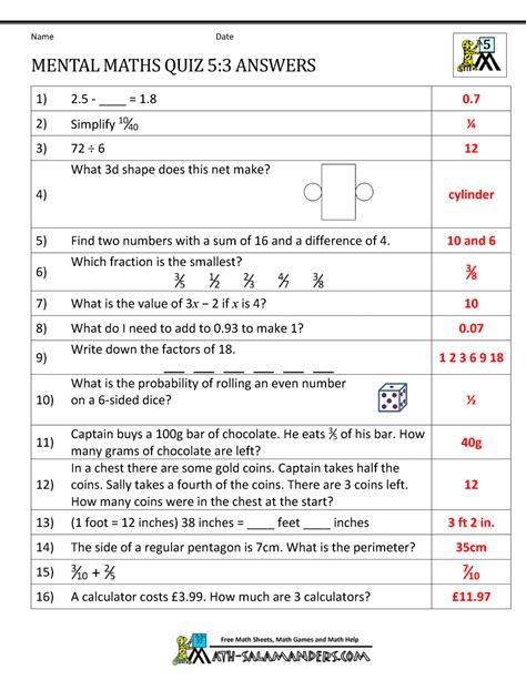 Mathematics questions and answers for class 5. Mental Maths Practise Year 5 Worksheets