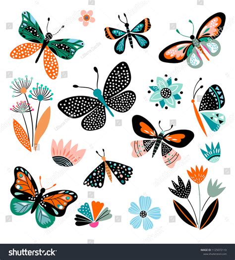 Butterflies Flowers Hand Drawn Collection Different Stock Vector