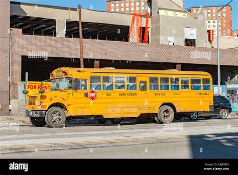 Classic Yellow School Bus In Side View Parked At Coney Island Brooklyn