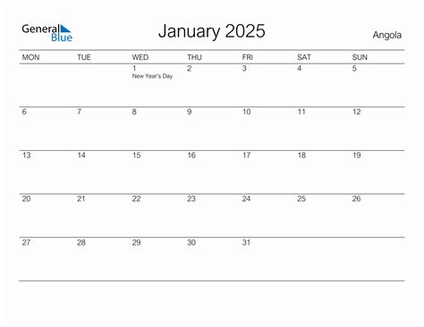 Printable January 2025 Monthly Calendar With Holidays For Angola