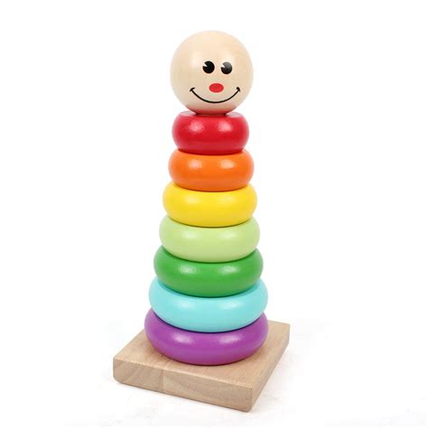 Wooden Ring Colorful Rainbow Stacker Solid Wood Educational Baby Toy