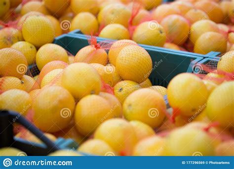 Oranges In Boxes In The Supermarket Healthy Food Vitamins Stock