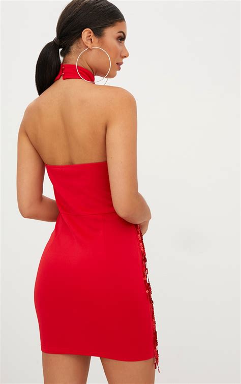 Red Tassel Sequin Bodycon Dress Dresses Prettylittlething Aus