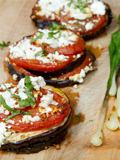 delectable grilled eggplant with tomato and feta