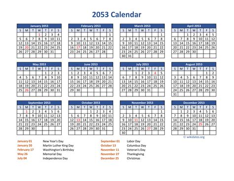 Pdf Calendar 2053 With Federal Holidays