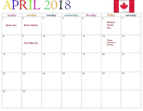 April 2018 Canada Holidays Colorful Calendar Canada Holiday Calendar