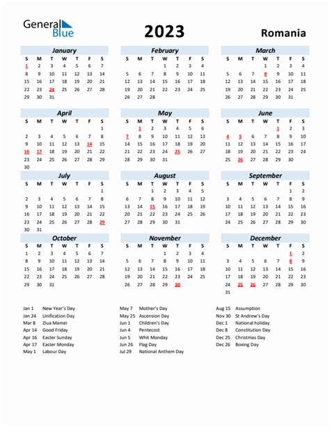 2023 Yearly Calendar For Romania With Holidays