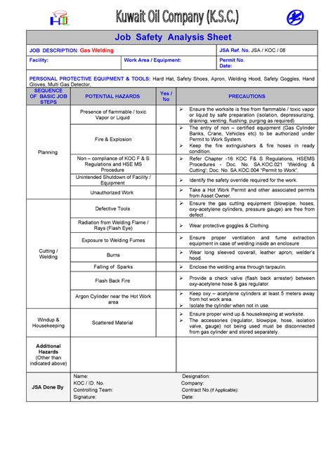 Jsa Welding Job Safety Analysis Sheet Job Description Gas