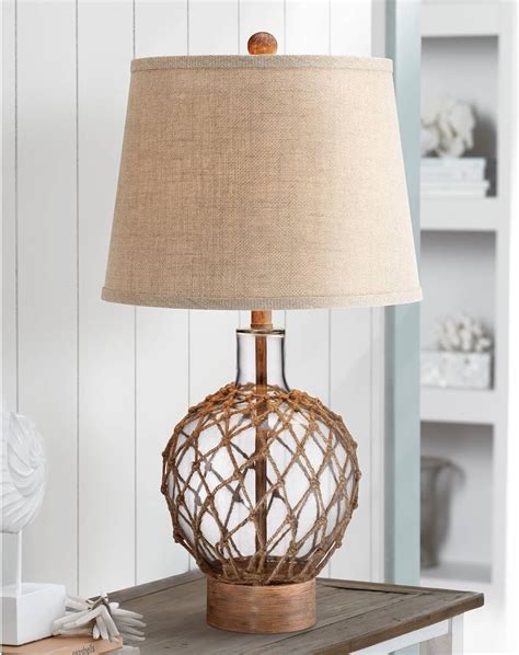 Nautical Table Lamp Clear Glass Rope Net Burlap Drum Shade For Living