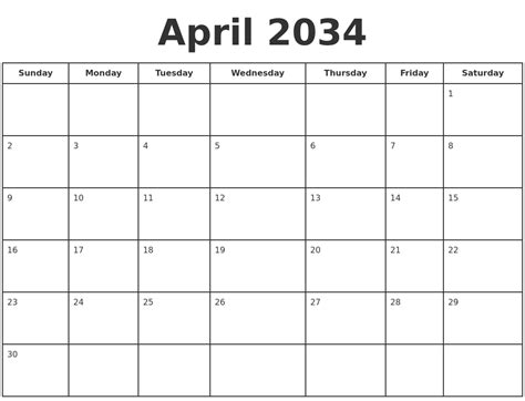 April 2034 Print A Calendar